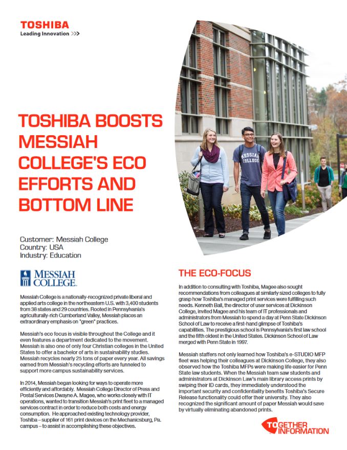 Messiah College Case Study, Toshiba, Java Copy Zone, New Orleans, LA, Louisiana, Toshiba, Brother, Dealer, Reseller