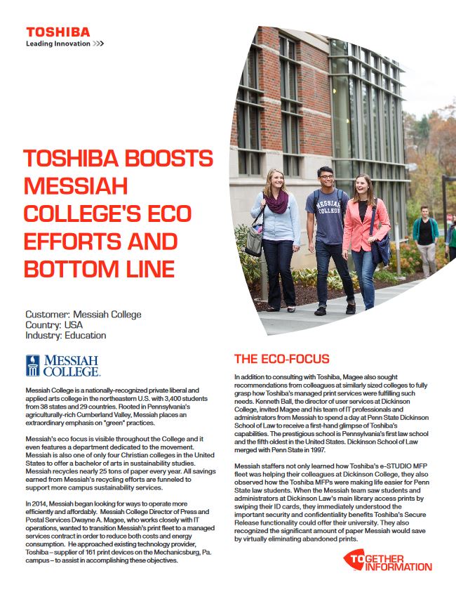 Messiah College Eco Efforts, Industry Solutions, Vertical Markets, Toshiba, Java Copy Zone, New Orleans, LA, Louisiana, Toshiba, Brother, Dealer, Reseller