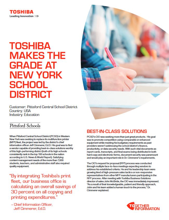 Pittsford Schools Case Study, MPS, MDS, Toshiba, Java Copy Zone, New Orleans, LA, Louisiana, Toshiba, Brother, Dealer, Reseller